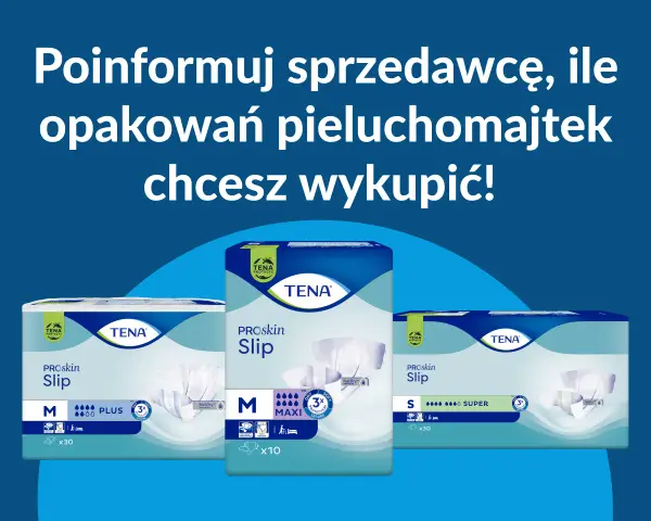 Pieluchomajtki TENA ProSkin Slip w różnych rozmiarach. Dowiedz się, jak obliczyć refundację pieluchomajtek, informując sprzedawcę o liczbie opakowań.