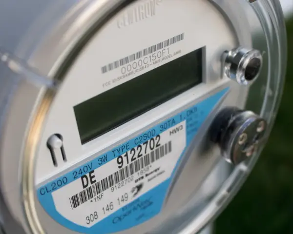 Licznik energii elektrycznej z etykietą wskazującą taryfę C12a godziny. Widoczny numer seryjny 9122702.