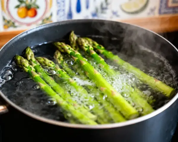 Asperges vertes bouillonnant dans une casserole, prêtes pour une recette simple et savoureuse.