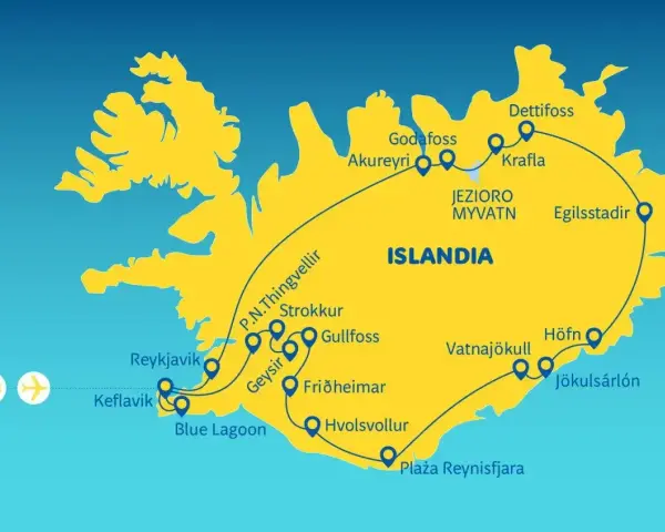 Mapa Islandii z trasą turystyczną "Złoty Krąg" i innymi atrakcjami, w tym wodospadami i gejzerami.