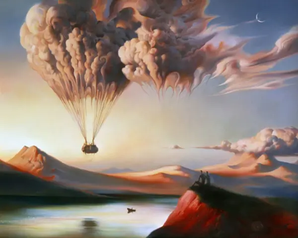 Un ballon en forme de cœur s'élève au-dessus d'un paysage onirique, évoquant le symbolisme du voyage et de l'amour. Deux silhouettes contemplent la scène.