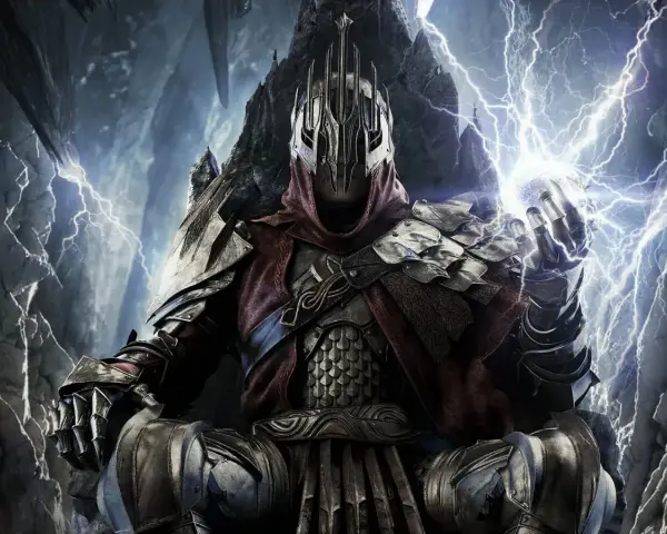 Un guerrero con armadura oscura y casco con cresta, rodeado de relámpagos, evoca la intensidad de "El Señor de los Anillos: La Guerra del Norte" para PC.