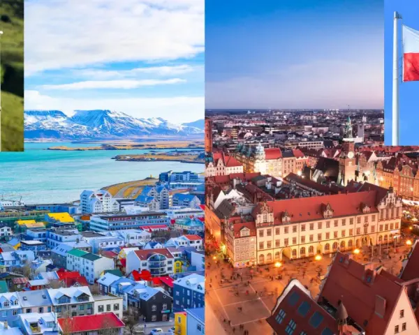 Islandia i Polska, dwa kraje, które często plasują się wysoko w rankingach bezpieczeństwa. Widok na kolorowe domy Reykjaviku i tętniący życiem rynek we Wrocławiu.