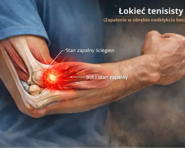 Ból łokcia po zewnętrznej stronie, zapalenie ścięgien i stan zapalny w obrębie nadkłykcia bocznego.