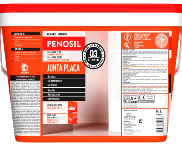Pintura para juntas de pladur sin rebaje, ideal para rellenar y acabar juntas de cartón yeso, lista para pintar en 4 horas.