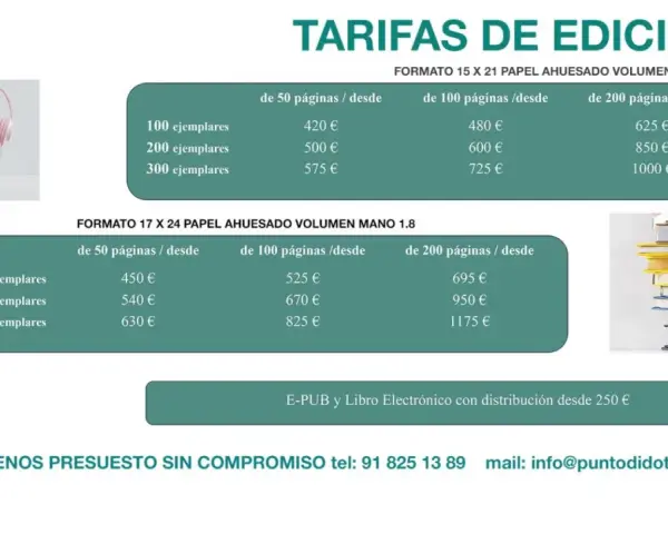 Tabla de tarifas de edición de libros. Averigua cuanto cuesta registrar un libro según formato y número de páginas.