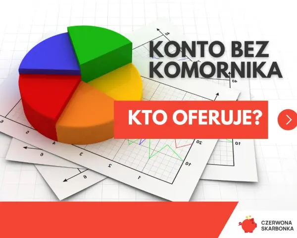 Kolorowy wykres kołowy na tle wykresów. Tekst "Konto bez komornika. Kto oferuje?". Szukaj najlepszego konta socjalnego.