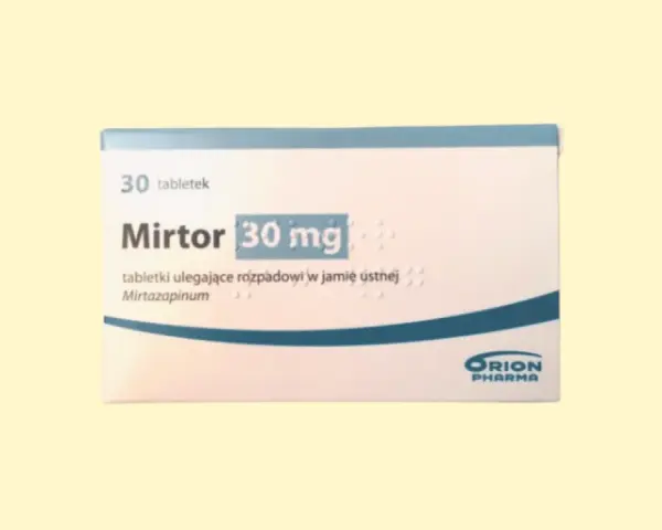 Opakowanie leku Mirto 30 mg, zawierające mirtazapinę w tabletkach ulegających rozpadowi w jamie ustnej.