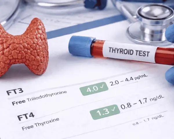 Model tarczycy, probówka z krwią "THYROID TEST" i wyniki badań FT3, FT4.