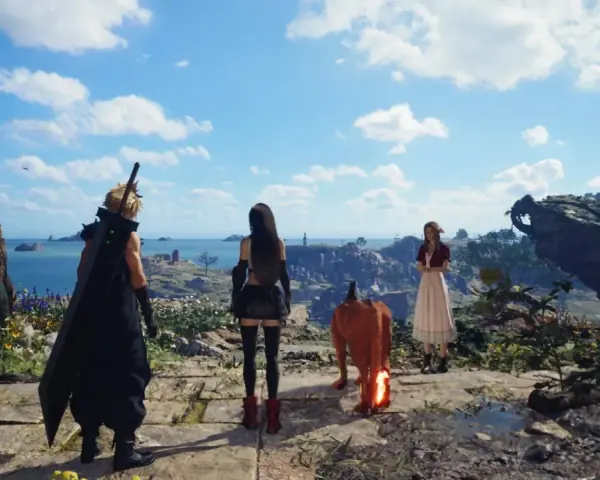 Cloud, Tifa, Aerith y Red XIII contemplan un paisaje costero. Un vistazo a la aventura de FF7 Rebirth.
