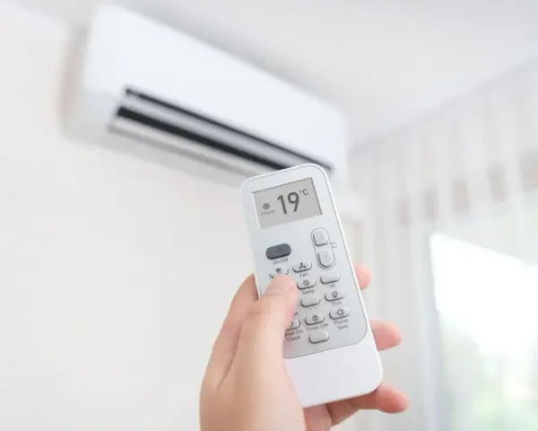 Dłoń trzymająca pilot do klimatyzacji, ustawiona na 19°C. Zastanawiasz się, ile kosztuje montaż klimatyzacji?