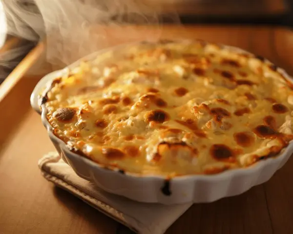 Delicioso bacalao gratinado con alioli, humeante y listo para servir.