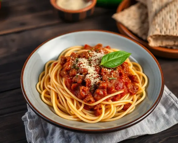 Pyszne spaghetti bolognese, przygotowane według oryginalnego przepisu, z bogatym sosem mięsnym i listkiem bazylii.