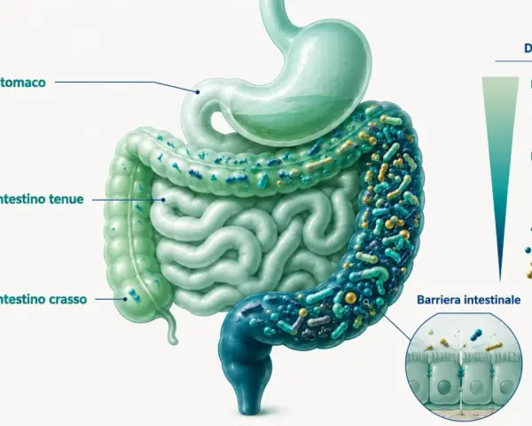 Illustrazione del sistema digestivo con batteri. I probiotici a cosa servono? Aumentano la diversità batterica intestinale, rafforzando la barriera.