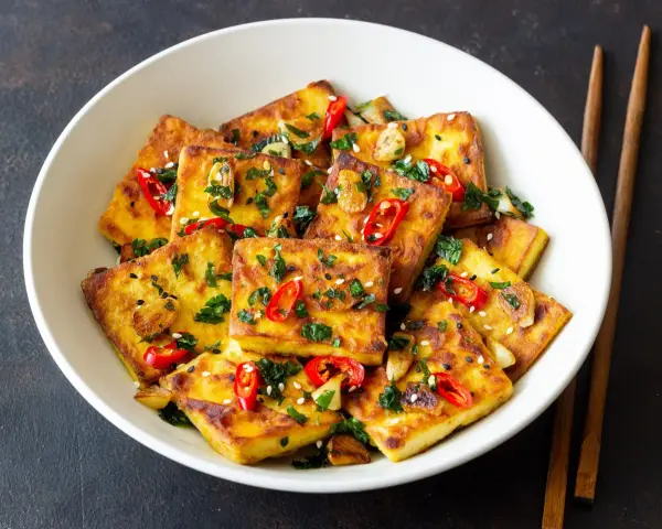Chrupiące kawałki tofu satay, posypane chili, sezamem i ziołami, podane w białej misce z pałeczkami.