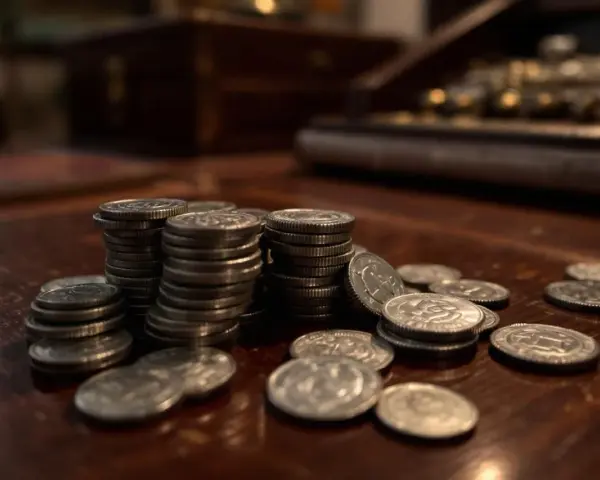 Piles de pièces en argent sur une table en bois. La valeur pièce 100 francs argent est visible sur certaines.