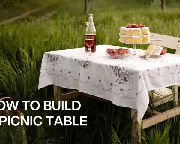 A picnic table set for a sweet treat in a grassy field. Learn how to build a picnic table for your own outdoor gatherings.
