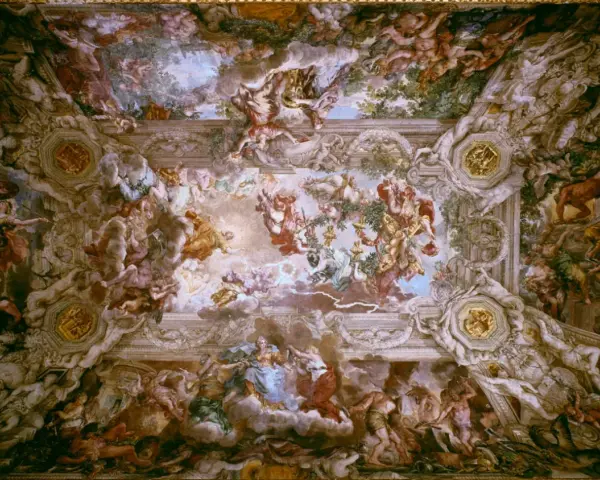 Vaste fresque de plafond, une oeuvre baroque foisonnante de figures célestes et humaines dans un décor architectural illusionniste.