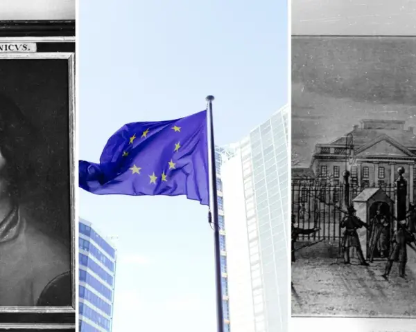 Portret Kopernika, flaga UE i historyczny rysunek ukazują bogatą historię Polski, od nauki po współczesność.