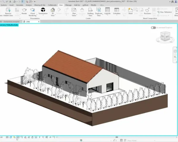 Projekt domu w programie Revit, widok 3D. Na ekranie widać okno programu, panel właściwości i przeglądarkę projektu. To zaawansowane narzędzie do projektowania, podobne do AutoCAD na MacBooku.