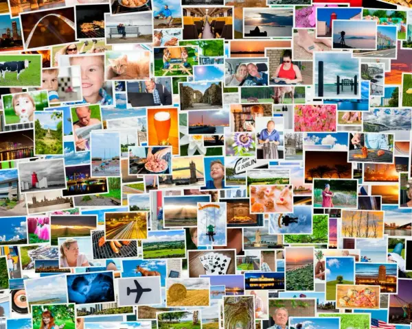 En samling bilder att analysera: en ko, en röd telefonkiosk, en ölsejdell, en bro och en pojke som ler.