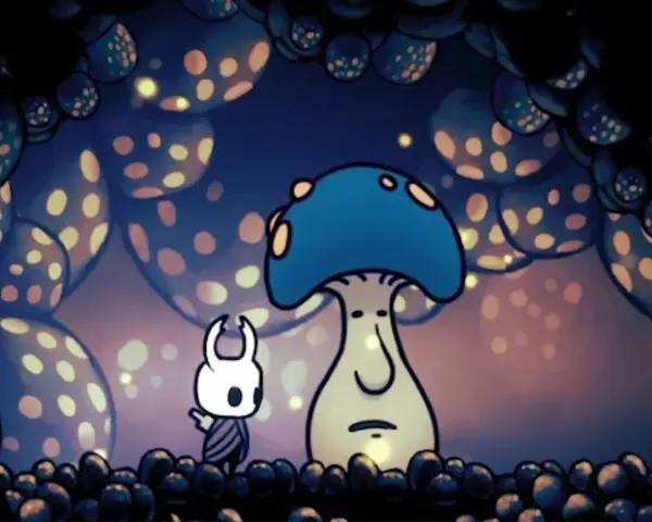 El Caballero se encuentra con el señor seta en un bosque bioluminiscente de Hollow Knight.