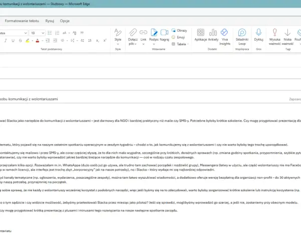 E-mail z propozycją przetestowania Slacka jako narzędzia komunikacji z wolontariuszami. Jak napisać maila w sprawie pracy bez ogłoszenia, gdy szukamy nowych rozwiązań.