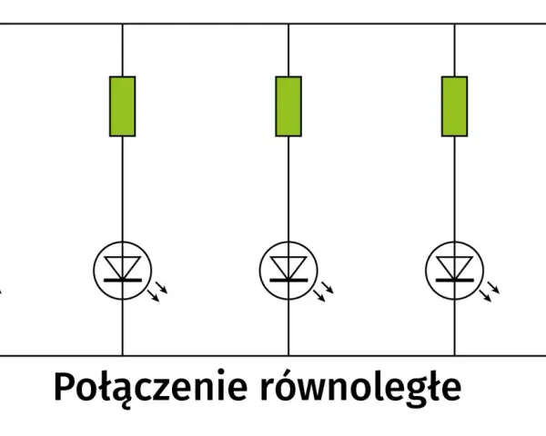 Schemat połączenia równoległego pięciu diod LED, z których każda ma swój rezystor ograniczający prąd.