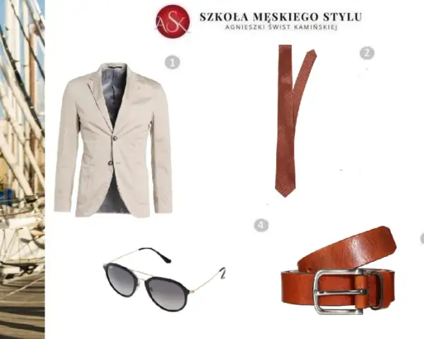 Eleganckie stylizacje z białymi spodniami: beżowa marynarka, brązowy krawat, pasek i okulary tworzą letni look.
