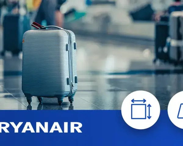Walizka na lotnisku, ikony wymiarów i wagi. Dowiedz się, jak mierzyć bagaż rejestrowany Ryanair.