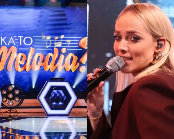 Ola Radwan śpiewa w programie "Jaka to melodia?". Na scenie widać neonowe dekoracje i logo programu.