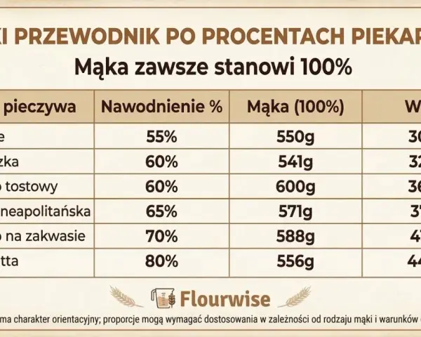 Tabela pokazuje, ile zakwasu na kilogram mąki potrzeba do wypieku bajgli, brioszek, chleba tostowego, pizzy neapolitańskiej, chleba na zakwasie i ciabatty.