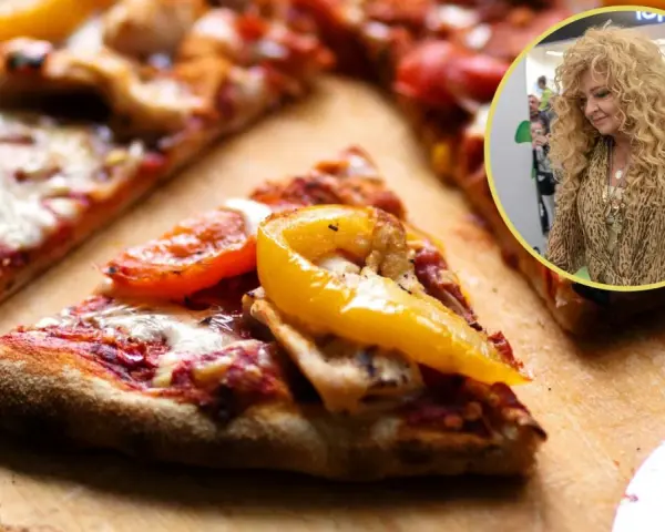 Pyszna pizza Magdy Gessler z papryką i pomidorami, obok jej zdjęcie.