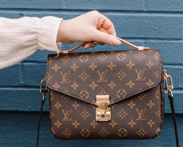 Una mano tiene una borsa Louis Vuitton con il classico monogramma. Un'icona di stile, che ci ricorda dove louis vuitton nasce: dalla maestria artigianale francese.