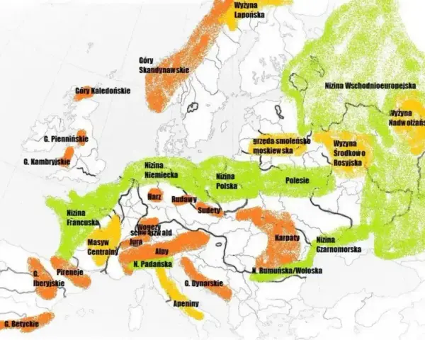 Mapa Europy z zaznaczonymi pasmami górskimi, nizinami i wyżynami. Kolory wskazują różne typy ukształtowania terenu.