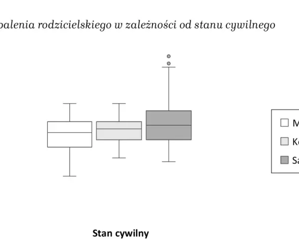Wykres pokazuje, czy przed takich jak samotne matki stawiamy przecinek. Nasilenie wypalenia rodzicielskiego różni się w zależności od stanu cywilnego.