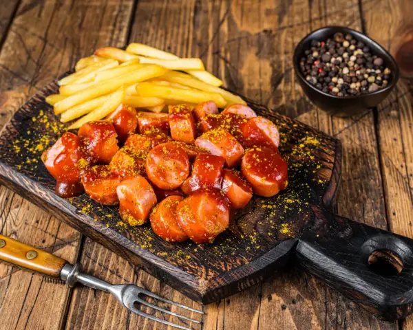 Currywurst e patatine fritte, un classico per sapere cosa mangiare a Berlino.