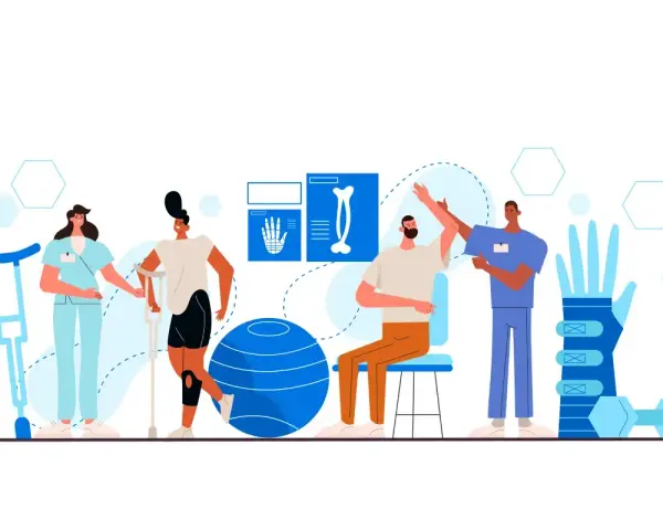 Menschen in einer Physiotherapie-Umgebung: Eine Patientin mit Krücken, ein Mann mit Armübung und ein Physiotherapeut, der hilft.