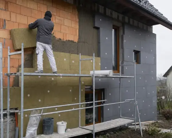 Pracownik montuje izolację na elewacji domu. Widać ceglaną ścianę, wełnę mineralną i szare płyty izolacyjne.