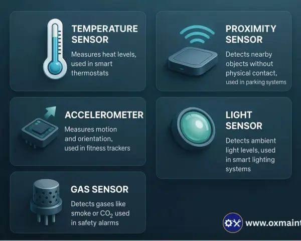 An IoT device example: temperature, proximity, accelerometer, light, and gas sensors, each with unique functions for smart homes and systems.