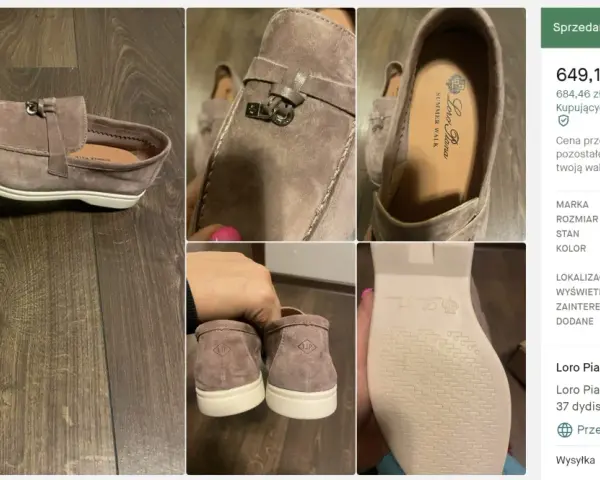 Eleganckie, pudrowo-różowe zamszowe buty Loro Piana, rozmiar 37, z ozdobnym metalowym elementem. Idealne na lato.