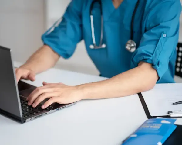 Lekarz medycyny pracy na laptopie, przygotowuje dokumentację. Zastanawiasz się, ile trwa wizyta u lekarza medycyny pracy?