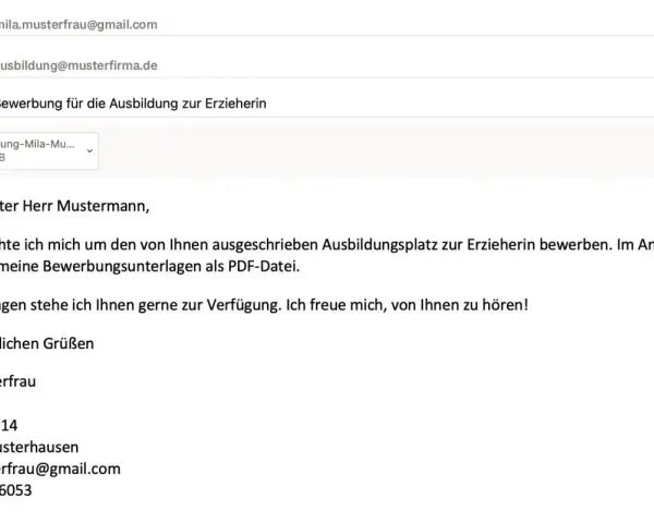 Bewerbung um einen Ausbildungsplatz zur Erzieherin. Mila Musterfrau bewirbt sich per E-Mail.