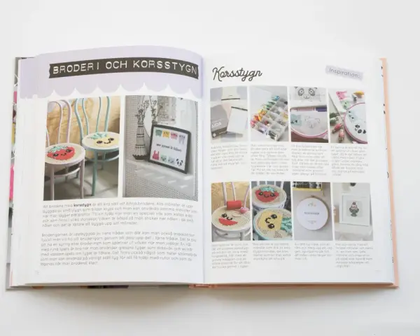 Kreativa Karin bok visar broderi och korsstygn. Här finns inspiration för att skapa egna mönster, som att brodera på stolsitsar eller små tavlor.
