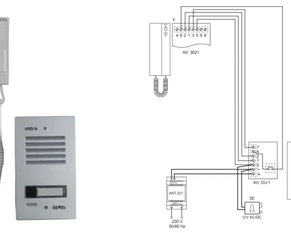 Schemat instalacji domofonu w domu jednorodzinnym: unifon, panel zewnętrzny, zasilacz i moduł sterowania.