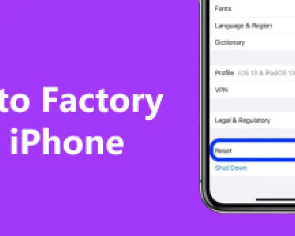 Ekran iPhone z zaznaczoną opcją "Reset" na fioletowym tle z tekstem.