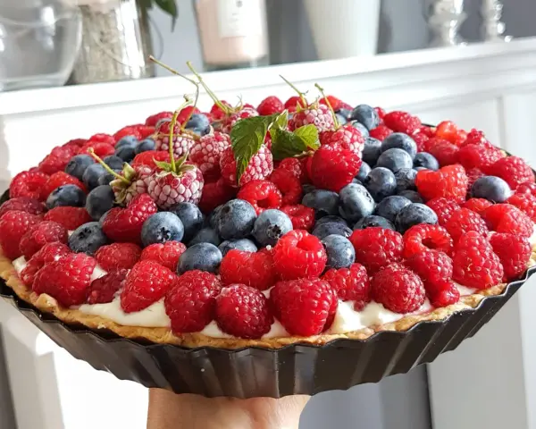 Prosta tarta z budyniem, obficie udekorowana malinami i borówkami, wygląda apetycznie.