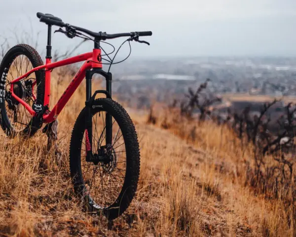 A red hardtail bike meaning adventure, rests on a dry, grassy hillside overlooking a hazy city.