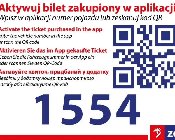 Instrukcja jak kupić bilet online: wpisz numer pojazdu lub zeskanuj kod QR. Widoczny numer 1554.