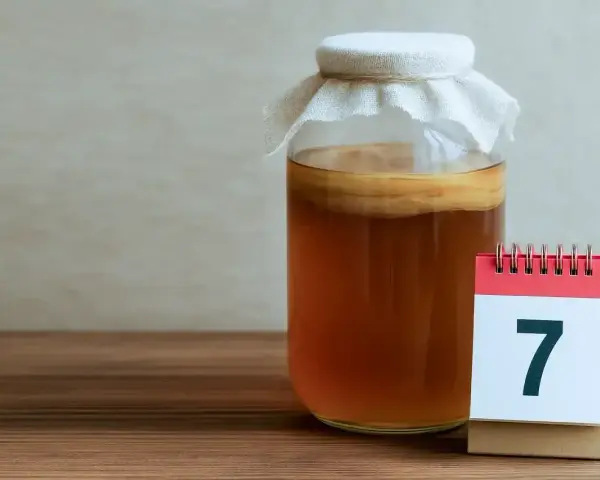 Słoik z kombuchą i kalendarz z cyfrą 7. Poznaj niezwykłe kombucha właściwości i zacznij swoją przygodę z fermentacją.